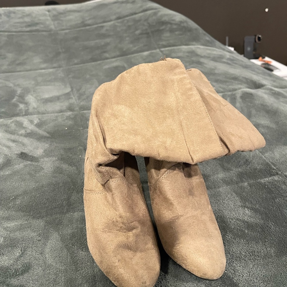 Light brown, heeled, suede mid calf boots